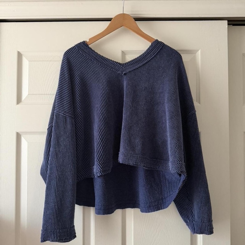 Blue Ribbed Knit Sweater